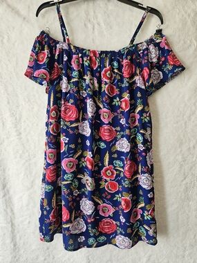 Ladies Navy Floral Off-Shoulder Dress with Straps